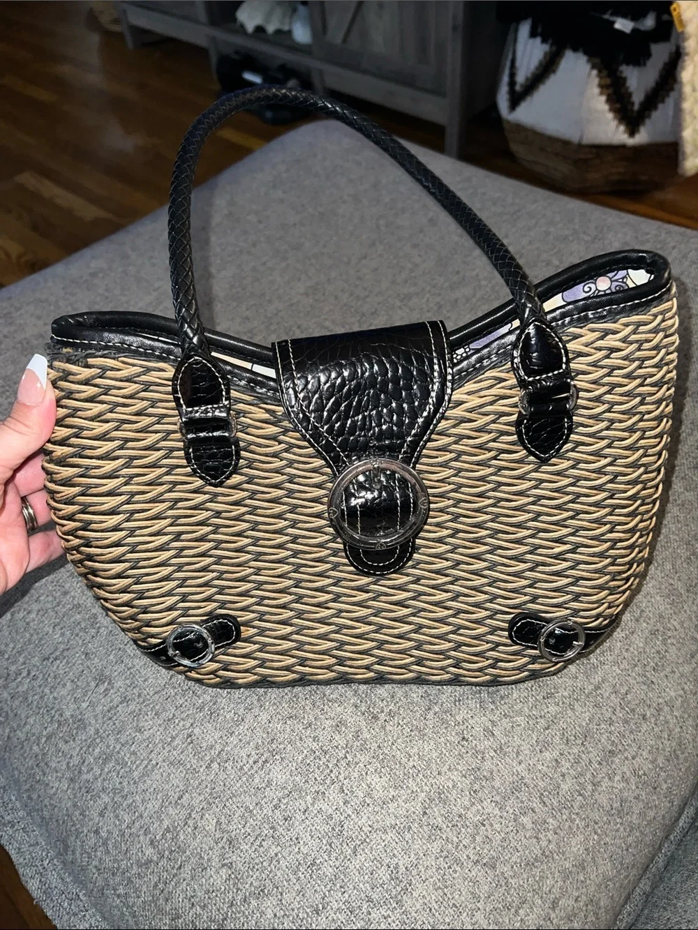 Brighton Woven Straw Tote with Black Trim and Silver Buckle GUC